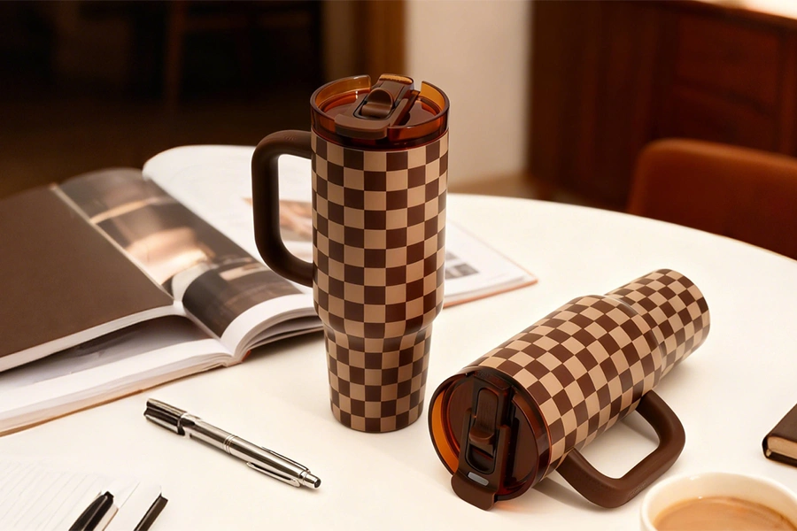 40oz-Brown-&-Black-Checkered-Insulated-Tumbler,-Two-Tone-Large-Capacity-Water-Bottle